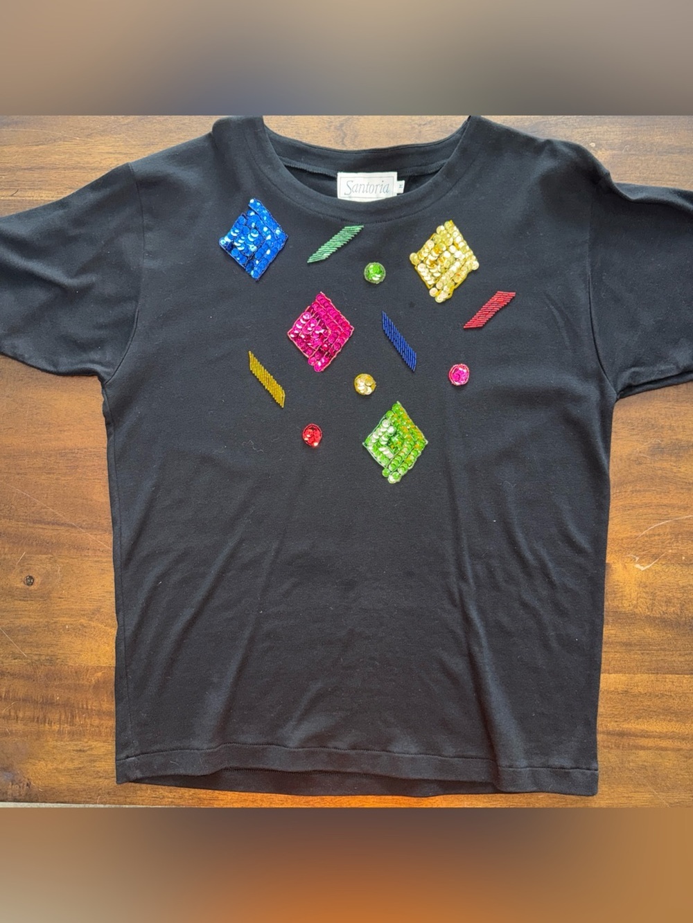 Vintage 90s Beaded Sequin Shapes Black Shirt Santoria Womens M Colorful New Wave